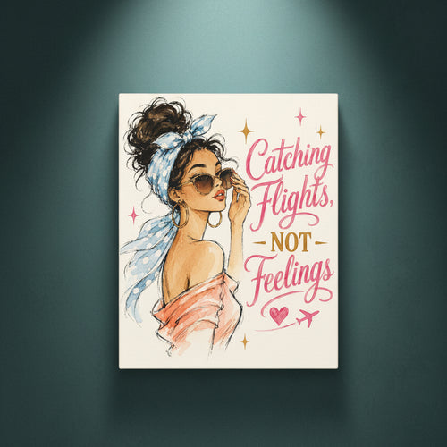 A vertical art print featuring an illustration of a woman with her hair in a high bun, wearing a blue patterned headscarf and sunglasses, next to the hand-lettered quote 'Catching Flights, NOT Feelings' on a cream background.
