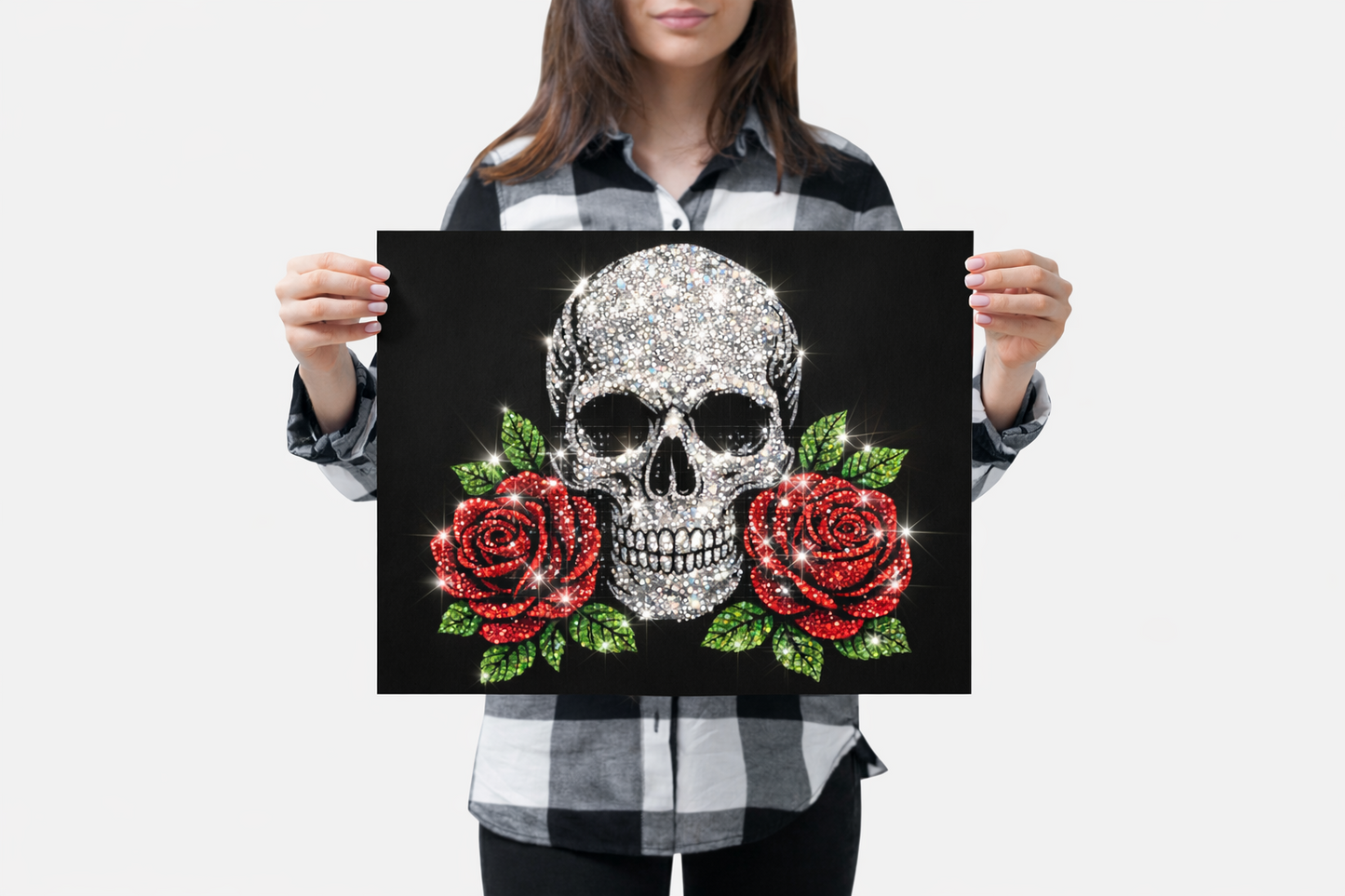 Skull & Red Roses - 16 x 12 Ready to Rhinestone Canvas (Canvas Only)