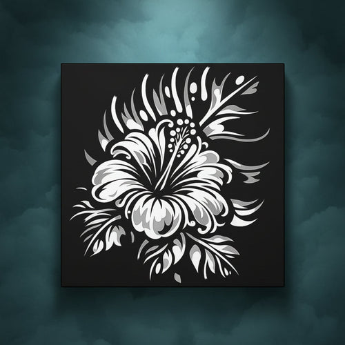 A square black art print or canvas featuring a stylized white hibiscus flower with gray shading, centered on a white background.