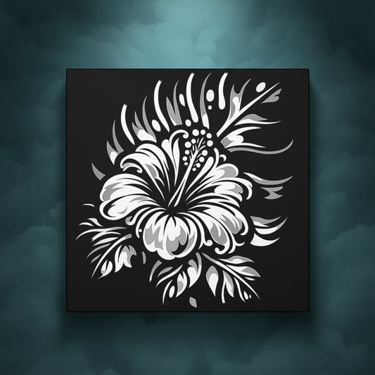 A square black art print or canvas featuring a stylized white hibiscus flower with gray shading, centered on a white background.