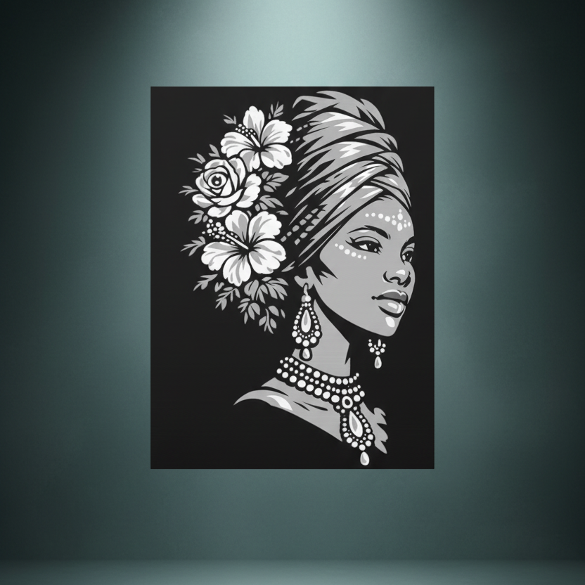 Black and white rhinestone canvas art of a regal woman in profile wearing an elegant head wrap adorned with hibiscus and rose blooms, delicate facial jewels, ornate drop earrings, and a beaded necklace, mounted on a gallery-wrapped matte canvas with a deep black background.