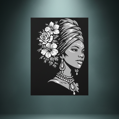 Black and white rhinestone canvas art of a regal woman in profile wearing an elegant head wrap adorned with hibiscus and rose blooms, delicate facial jewels, ornate drop earrings, and a beaded necklace, mounted on a gallery-wrapped matte canvas with a deep black background.