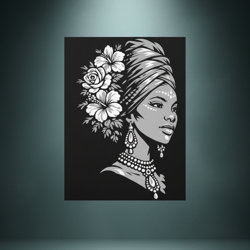 Black and white rhinestone canvas art of a regal woman in profile wearing an elegant head wrap adorned with hibiscus and rose blooms, delicate facial jewels, ornate drop earrings, and a beaded necklace, mounted on a gallery-wrapped matte canvas with a deep black background.