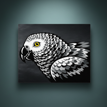 African Grey Parrot ready-to-rhinestone canvas art print — bold graphic illustration of a parrot in monochromatic grey, black, and white tones with a single bright yellow eye, on a black background