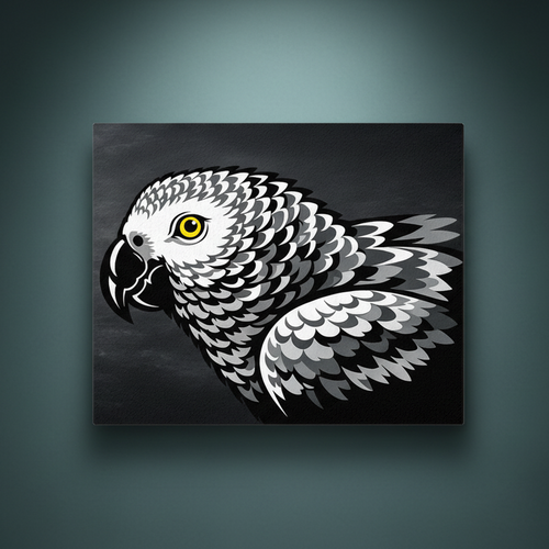 African Grey Parrot ready-to-rhinestone canvas art print — bold graphic illustration of a parrot in monochromatic grey, black, and white tones with a single bright yellow eye, on a black background