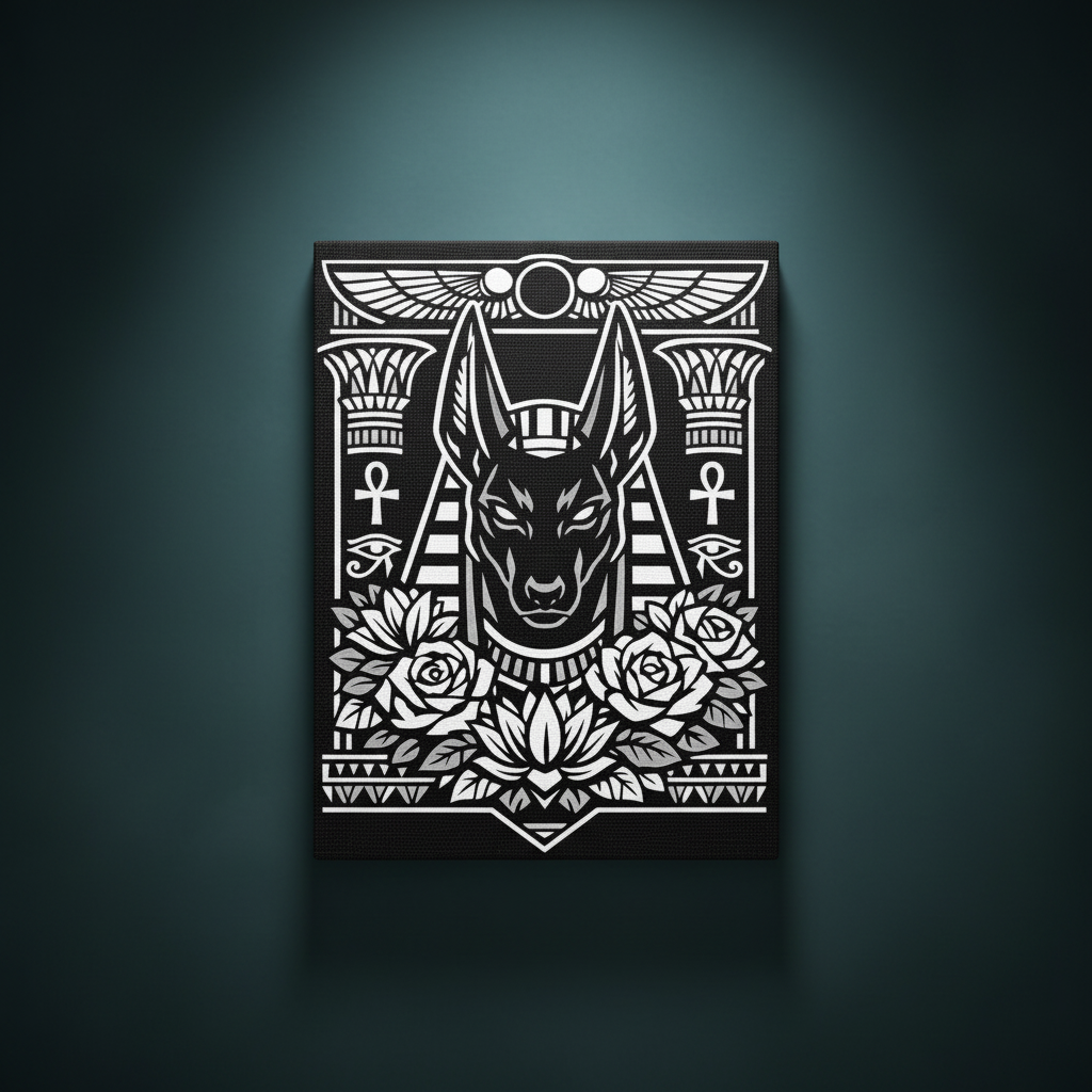 Black and white rhinestone canvas art of Anubis, the Egyptian jackal-headed god, centered beneath a winged sun disc flanked by ornate columns, ankh symbols, and Eyes of Ra, with bold roses and a lotus bloom below, mounted on a gallery-wrapped matte canvas with a deep black background.