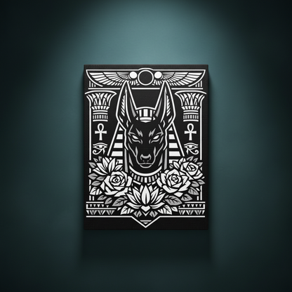 Black and white rhinestone canvas art of Anubis, the Egyptian jackal-headed god, centered beneath a winged sun disc flanked by ornate columns, ankh symbols, and Eyes of Ra, with bold roses and a lotus bloom below, mounted on a gallery-wrapped matte canvas with a deep black background.