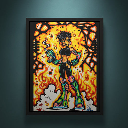 Colorful artwork of a character with fiery background