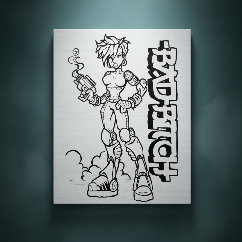 Black and white illustration of a character holding a gun with 'BAD BITCH' text on a white background