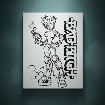 Black and white illustration of a character holding a gun with 'BAD BITCH' text on a white background