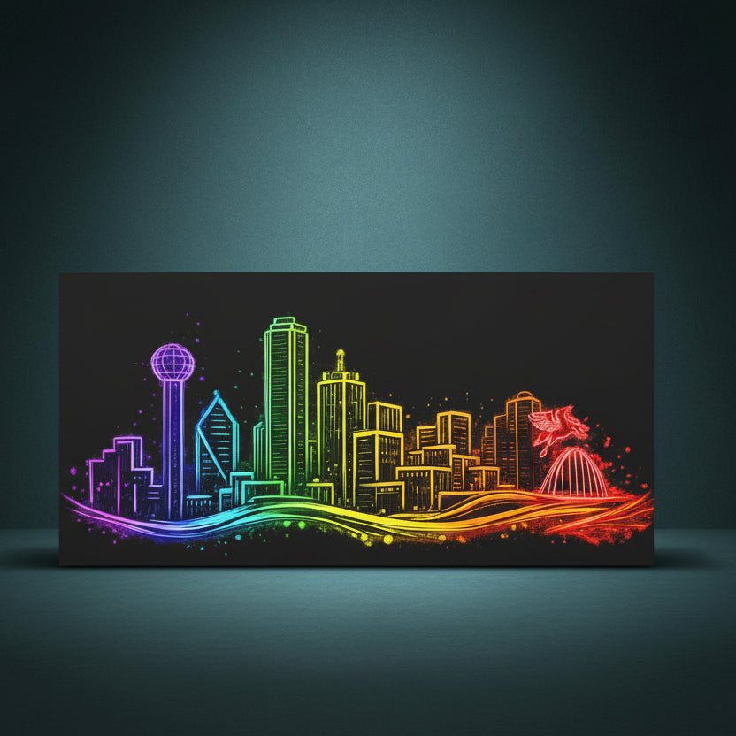 Dallas Skyline ready to rhinestone canvas featuring Reunion Tower and city skyline silhouette on a deep black background, horizontal format