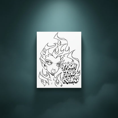 Black and white line art of a stylized character with flame-like hair and text on a white background