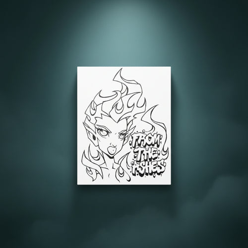 Black and white line art of a stylized character with flame-like hair and text on a white background