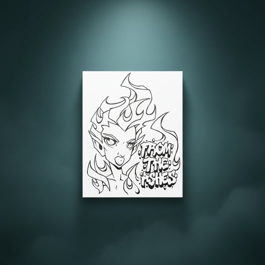 Black and white line art of a stylized character with flame-like hair and text on a white background