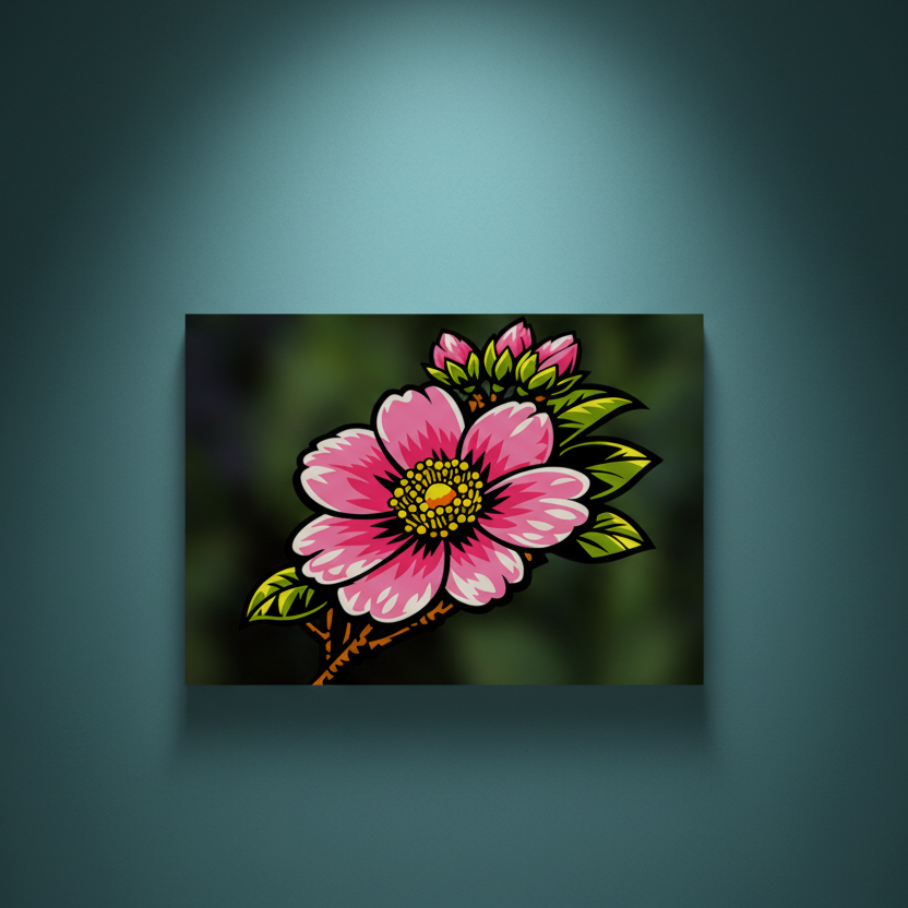Pink La Quisqueyana flower rhinestone canvas design featuring a bold tropical bloom with layered petals, yellow center, and green leaves on a dark blurred background, ready to rhinestone