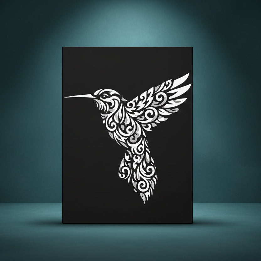 Black and white rhinestone canvas art of a hummingbird in flight, filled with intricate tribal and floral scrollwork detailing, mounted on a gallery-wrapped matte canvas with a deep black background.