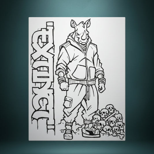 Black and white illustration of a character in a hoodie standing next to a tombstone with 'EXE' text.