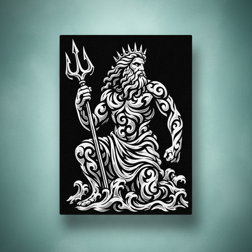 Black and white rhinestone canvas art of Poseidon, god of the sea, seated on crashing tribal waves with a crown on his head and trident raised, rendered in bold flowing scrollwork detailing, mounted on a gallery-wrapped matte canvas with a deep black background.