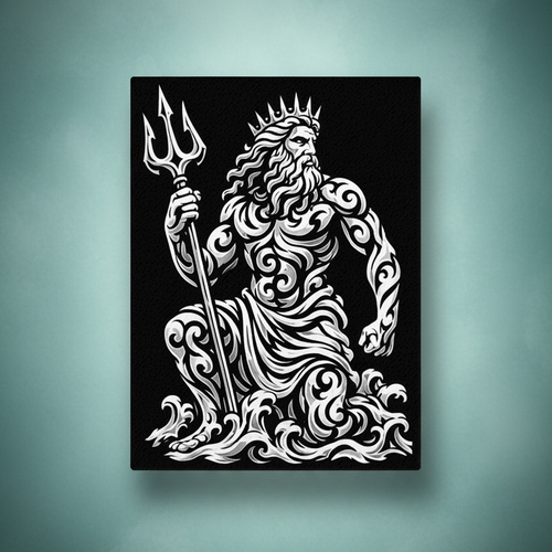 Black and white rhinestone canvas art of Poseidon, god of the sea, seated on crashing tribal waves with a crown on his head and trident raised, rendered in bold flowing scrollwork detailing, mounted on a gallery-wrapped matte canvas with a deep black background.
