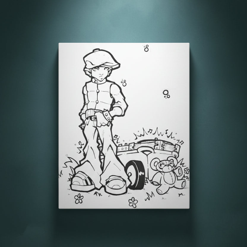 Black and white illustration of a boy with a teddy bear and a turntable on a white background