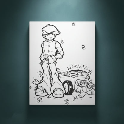 Black and white illustration of a boy with a teddy bear and a turntable on a white background