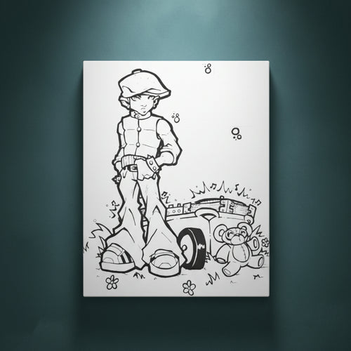 Black and white illustration of a boy with a teddy bear and a turntable on a white background