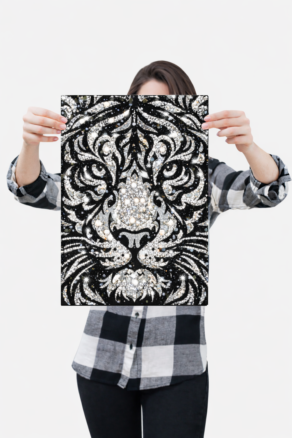 AI rendering of Rajin tiger rhinestone canvas covered in sparkling crystals, black and white Bengal tiger face glittering with rhinestone art against deep black background