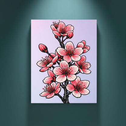 Sakura cherry blossom ready-to-rhinestone canvas with pink and blush sakura blooms, deep rose stamens, and buds on a soft lavender gradient background