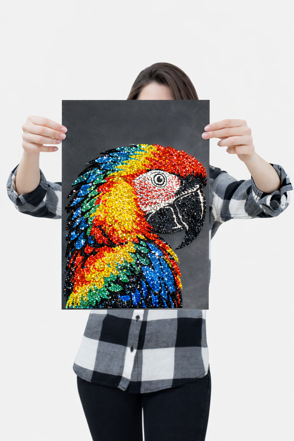 AI generated scarlet macaw rhinestone canvas covered in sparkling crystals with vivid red yellow blue and green tropical parrot design glittering against black background
