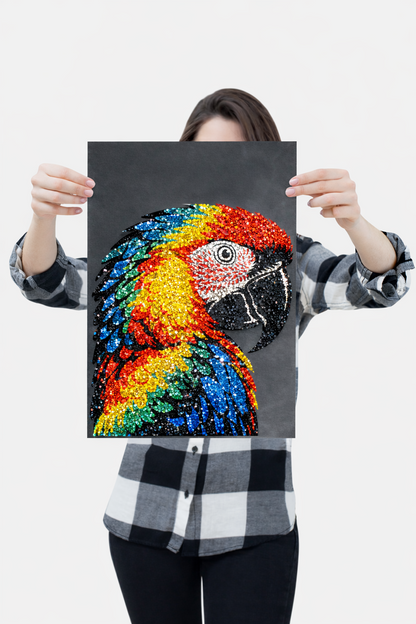 AI generated scarlet macaw rhinestone canvas covered in sparkling crystals with vivid red yellow blue and green tropical parrot design glittering against black background
