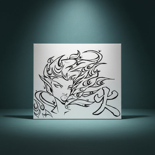 Black and white illustration of a firey woman with stylized hair and a banner on a white background