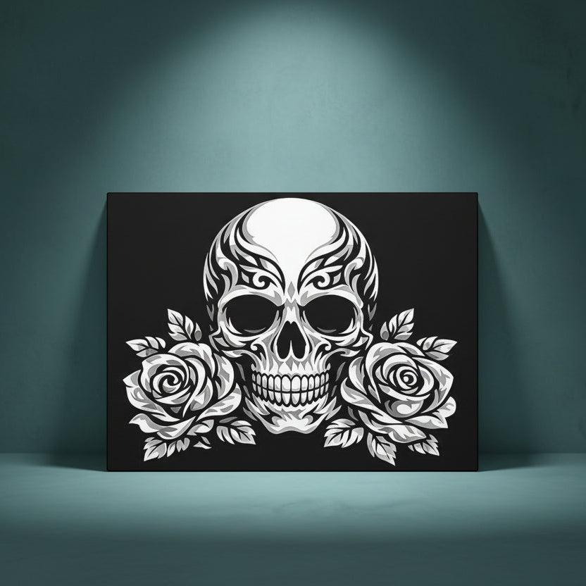 Black and white rhinestone canvas art of a tribal skull flanked by two roses, with intricate decorative detailing, mounted on a gallery-wrapped matte canvas with a black background