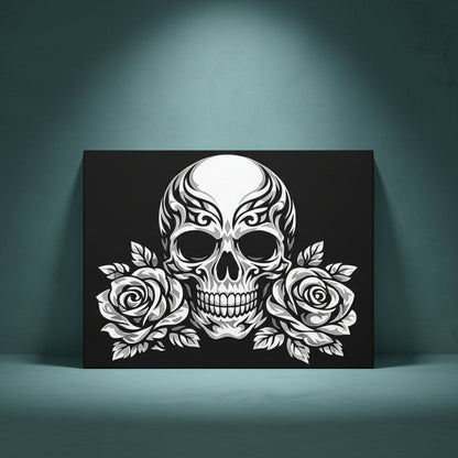 Black and white rhinestone canvas art of a tribal skull flanked by two roses, with intricate decorative detailing, mounted on a gallery-wrapped matte canvas with a black background