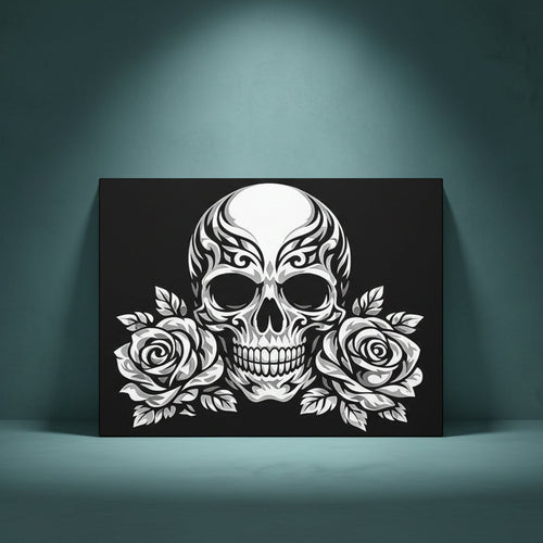 Black and white rhinestone canvas art of a tribal skull flanked by two roses, with intricate decorative detailing, mounted on a gallery-wrapped matte canvas with a black background