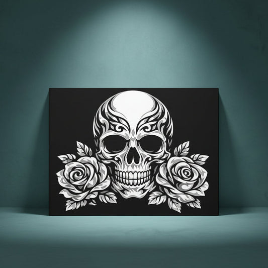 Black and white rhinestone canvas art of a tribal skull flanked by two roses, with intricate decorative detailing, mounted on a gallery-wrapped matte canvas with a black background