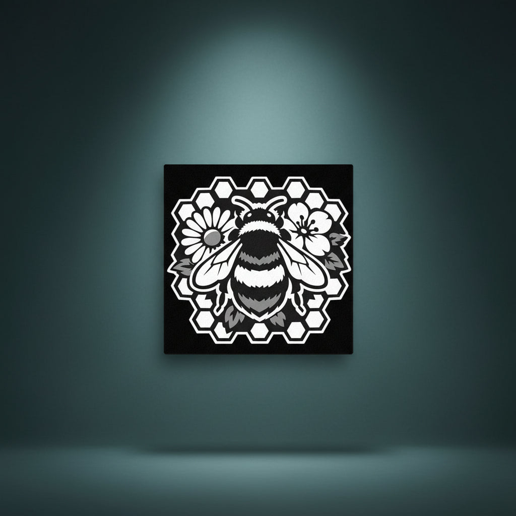Black and white rhinestone canvas art of a detailed bumble bee centered on a bold honeycomb frame, surrounded by delicate flowers and foliage, mounted on a gallery-wrapped matte canvas with a deep black background."