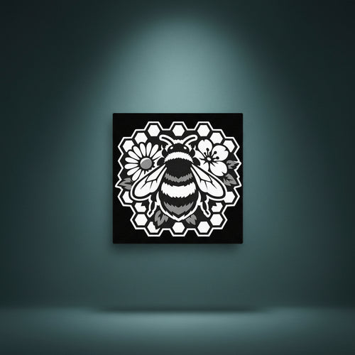 Black and white rhinestone canvas art of a detailed bumble bee centered on a bold honeycomb frame, surrounded by delicate flowers and foliage, mounted on a gallery-wrapped matte canvas with a deep black background."