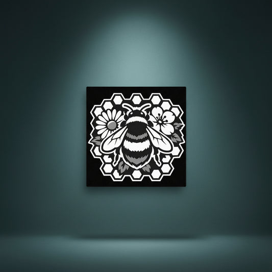 Black and white rhinestone canvas art of a detailed bumble bee centered on a bold honeycomb frame, surrounded by delicate flowers and foliage, mounted on a gallery-wrapped matte canvas with a deep black background."