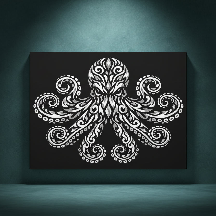 Close up front view of Thalor the Octopus rhinestone canvas showing bold black and white octopus design with eight sweeping tentacles and detailed sucker rows visible as crystal placement zones on deep black background