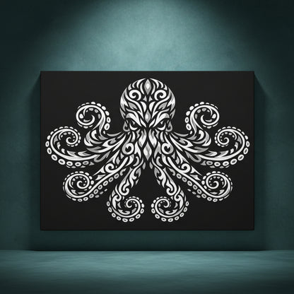 Close up front view of Thalor the Octopus rhinestone canvas showing bold black and white octopus design with eight sweeping tentacles and detailed sucker rows visible as crystal placement zones on deep black background