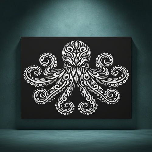 Close up front view of Thalor the Octopus rhinestone canvas showing bold black and white octopus design with eight sweeping tentacles and detailed sucker rows visible as crystal placement zones on deep black background