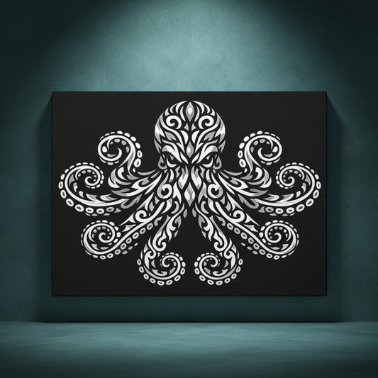 Close up front view of Thalor the Octopus rhinestone canvas showing bold black and white octopus design with eight sweeping tentacles and detailed sucker rows visible as crystal placement zones on deep black background