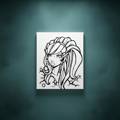 Black and white line drawing of a fantasy character with long hair and a headband.
