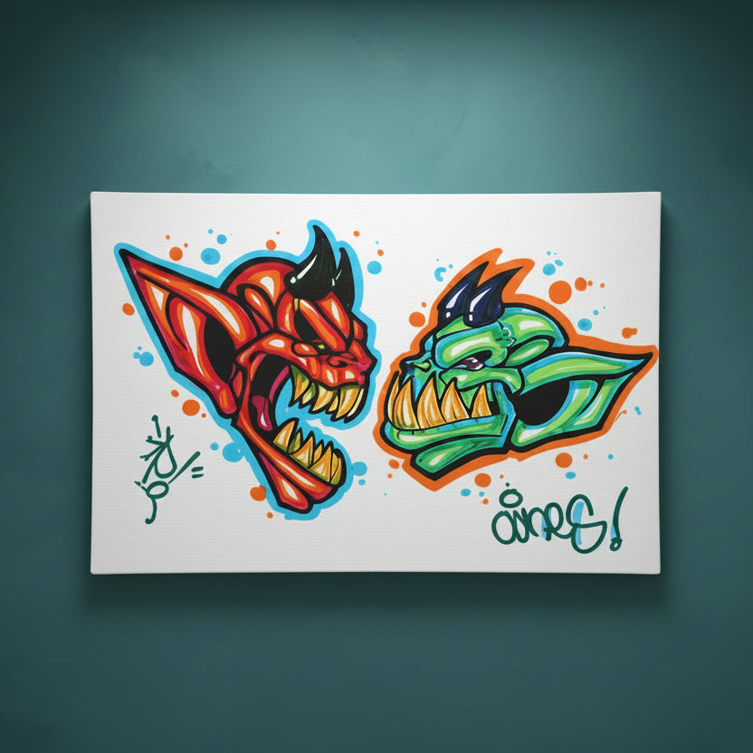 Colorful tattoo designs of a red and green creature facing each other on a white background on a ready to rhinestone canvas.