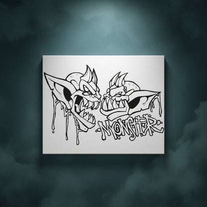 Black and white illustration of two angry monster faces with the word 'Monster' below them.