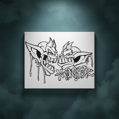 Black and white illustration of two angry monster faces with the word 'Monster' below them.