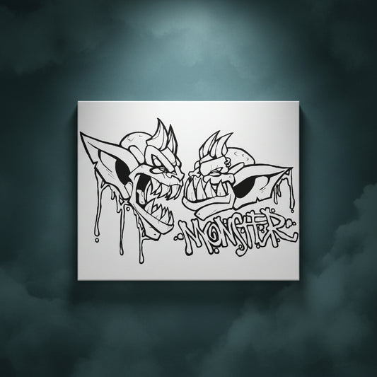 Black and white illustration of two angry monster faces with the word 'Monster' below them.