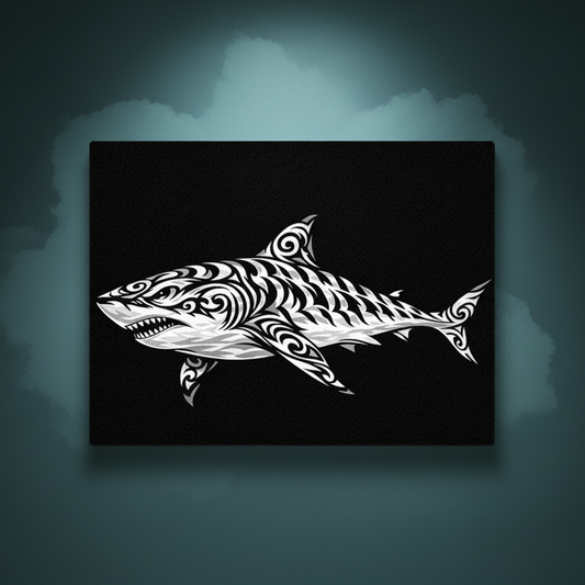 Black and white rhinestone canvas art of a tribal tiger shark in profile with bold flowing scrollwork and intricate spiral detailing throughout the body and fins, mounted on a gallery-wrapped matte canvas with a deep black background.