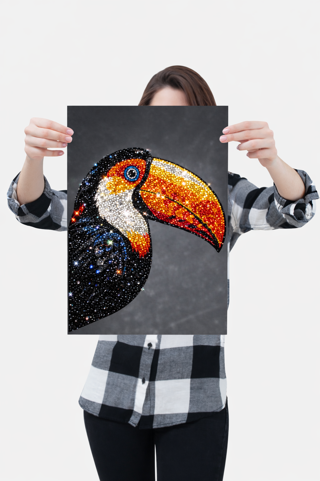 Person holding completed Toucan rhinestone canvas showing finished full color tropical bird design sparkling with rhinestone crystals across golden beak black plumage and eye detail
