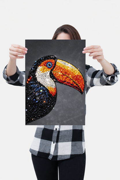 Person holding completed Toucan rhinestone canvas showing finished full color tropical bird design sparkling with rhinestone crystals across golden beak black plumage and eye detail